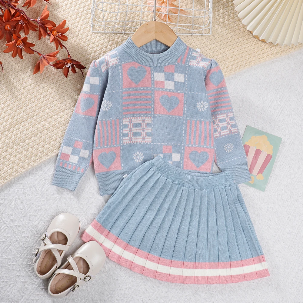 Children's Clothing 2025 Autumn and Winter Girls' Sweater Suit Color Blocking Geometric Printed Top+Pleated Skirt Two Piece Set