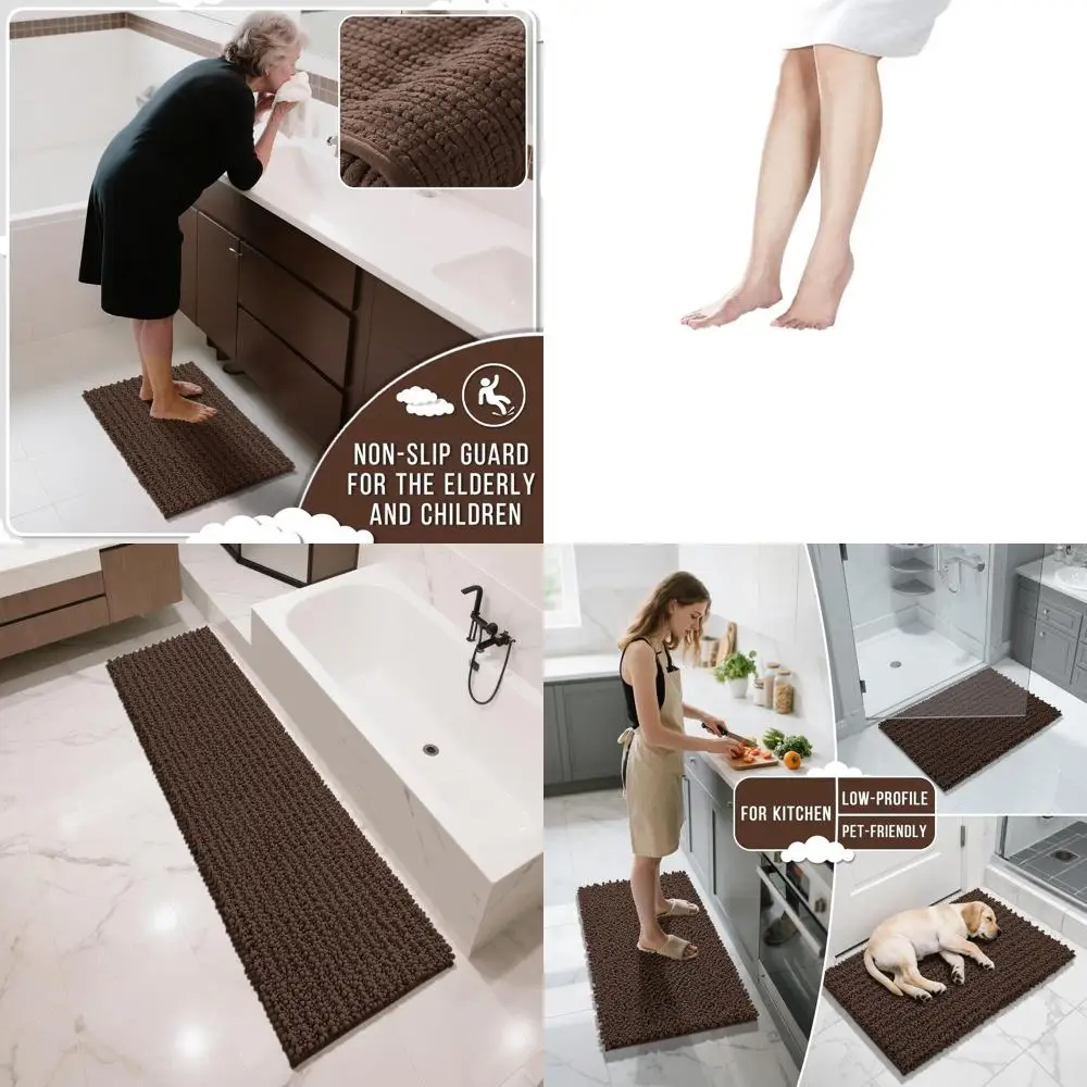 

70x24 Long Chenille Bath Runner - Non-Slip, Soft & Absorbent, Washable Shaggy Rug for Bathroom, Brown Decor