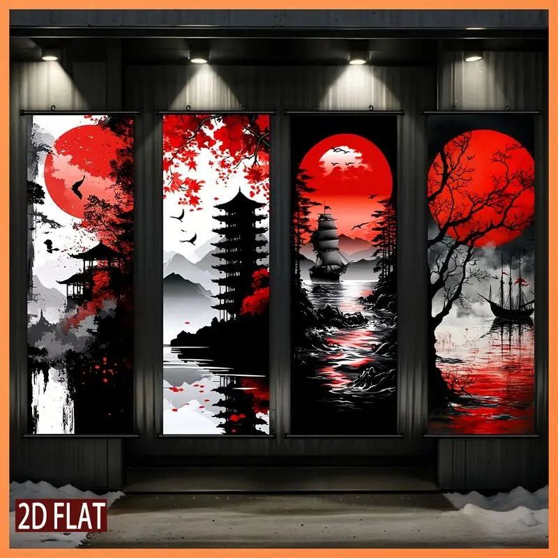 VIKAMA Vintage Japanese Wall Hanging Red Moon Ink Scroll Art For Bedroom Study Traditional Oriental Background Home Decor
