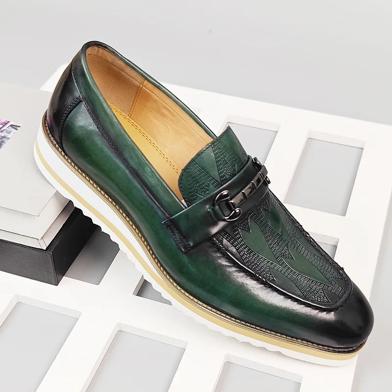 Men Dress Shoes Loafers Genuine Leather Shoes Business Wedding Party Shoes men Slip On Casual Green Shoes Office Formal shoes