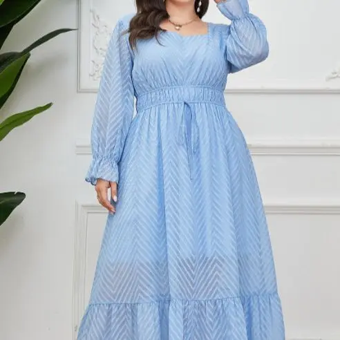 Elegante vestido longo feminino com elástico na cintura, plus size, monocromático, estampado, emenda, casual, manga longa, temperamento, novo