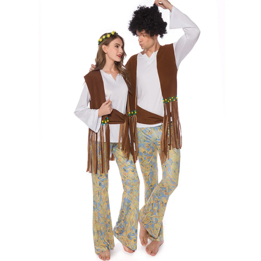 

Halloween Retro Peace Love 60s 70s Hippie Rock Disco Couple Cosplay Costume Indian Tassels Hunter Fancy Gown