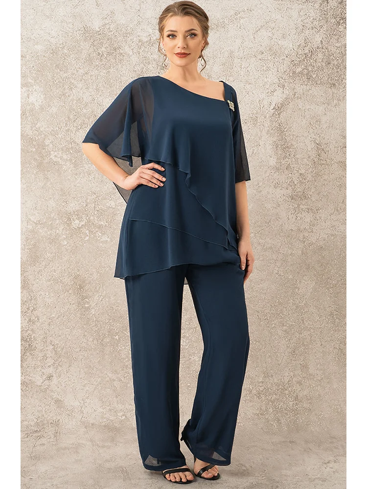 Plus Size Mother Of The Bride Navy Blue Decorative Button Single Cape Asymmetrical Hem Two Piece Pant Suits