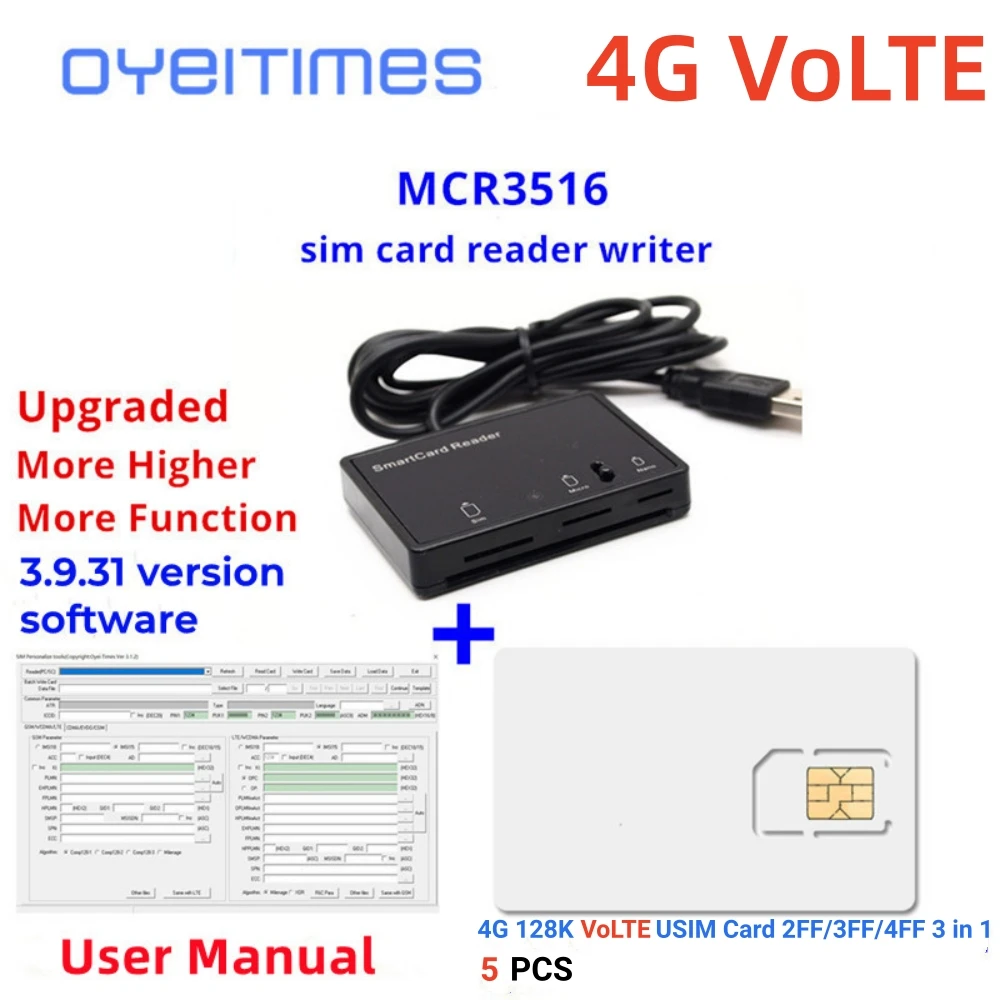 Lecteur de carte à puce OYEITIMES + 5 cartes SIM programmables 2FF/3FF/4FF, cartes vierges VoLTE LTE WCDMA GSM USIM + 3.9.31 Ver. Logiciel