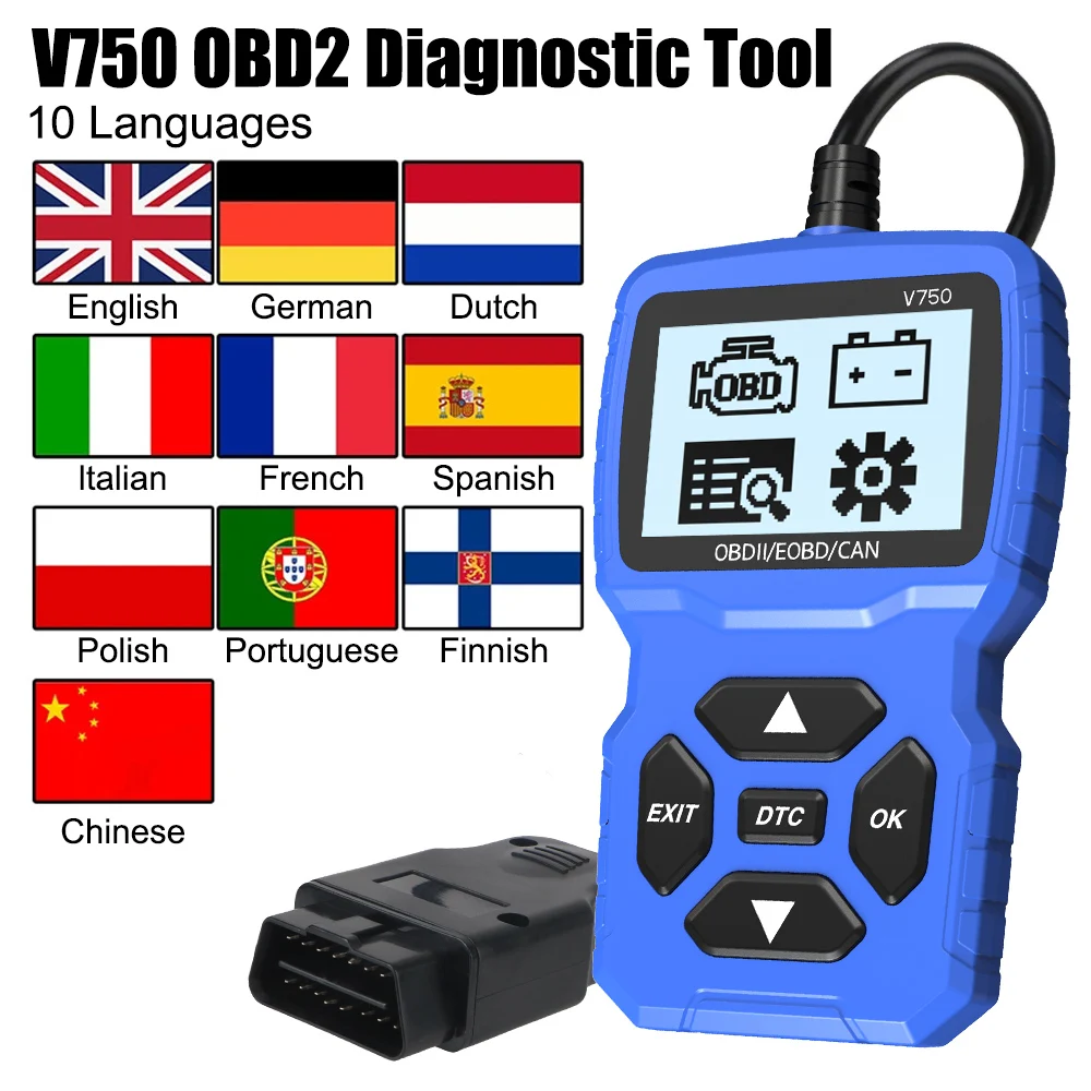 V750 Car Diagnostic Tool Read Vehicle Information OBD2 Scanner Battery Tester Multi-language Code Reader Check Engine System