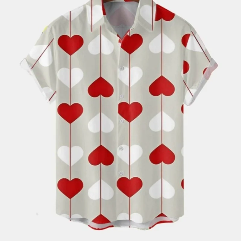 

Lovely Heart Graphic Nostalgia Shirts Men Women Couples Short Sleeve Single Breasted Fashion Male Beach Style Blouse Tops Casual