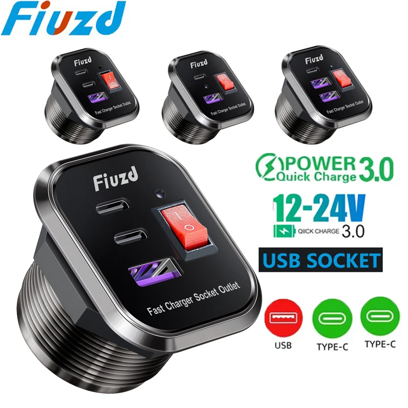 

12v built-in usb socket Fast Quick Charge Adapter Ports with LED Fast Charging 12V/24V For Motorcycle Boat Marine Truck