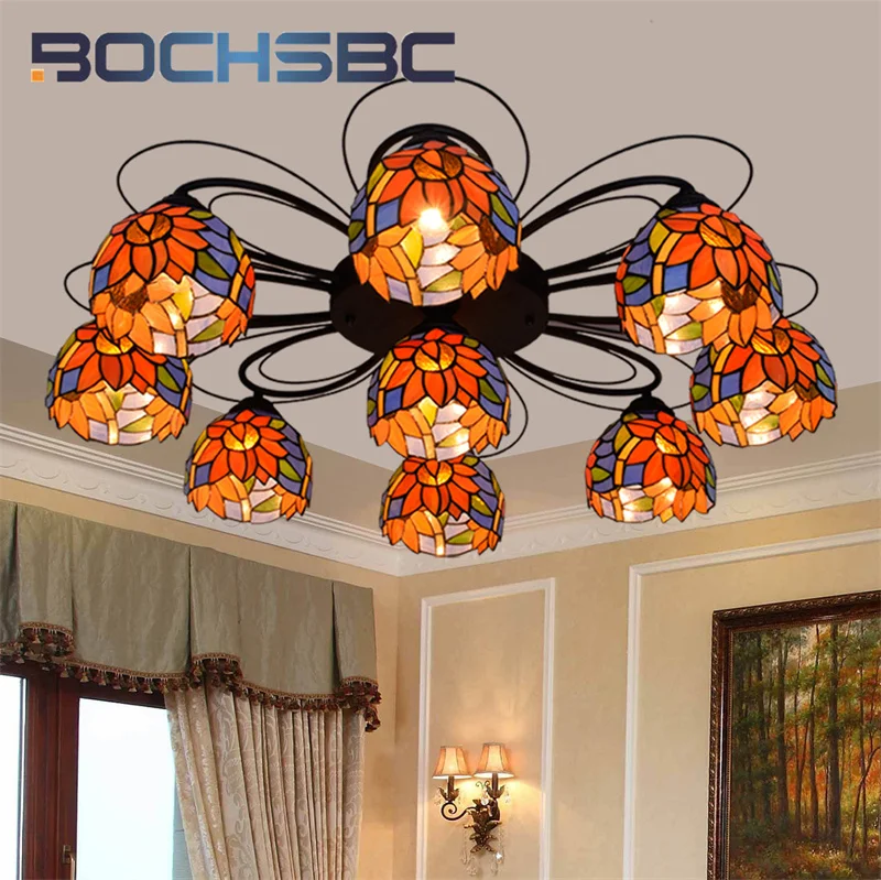 

BOCHSBC Tiffany Sunflower stained glass multi-head ceiling light deco the living room Restaurant Hotel bar flush mount light