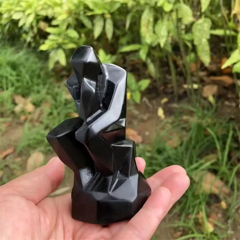 

Натуральный черный обсидиан, статуя мыслителя, резьба, исцеление, камни и кристаллы фэншуй, украшение для дома, подарок для комнаты, 1 шт.