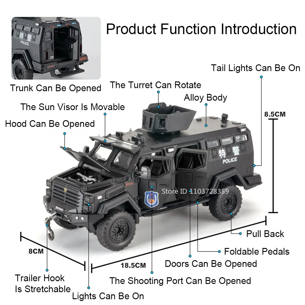 1:32 스케일 Avtoros Shaman Sabertooth 기갑 경찰차 모델 장난감 금속 다이 캐스트 사운드 라이트 도어 열림 뒤로 당겨 소년 선물