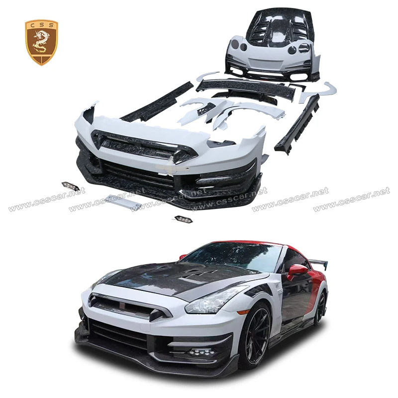 For Nissan GTR R35 Upgrade Top-secre Style Carbon Fiber with FRP Side Fender Muguard Wheel Fender Flare Bumper Surrounding Kits