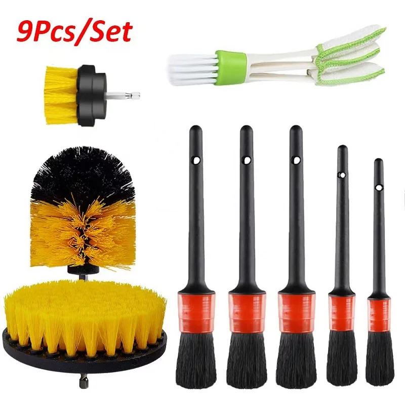 

9Pcs Car Detailing Brush Drill Brushes Tool Exterior Tire Rim Cleaning Detail Set Interior Air Vent Cleaning Car Wash Brush Kits