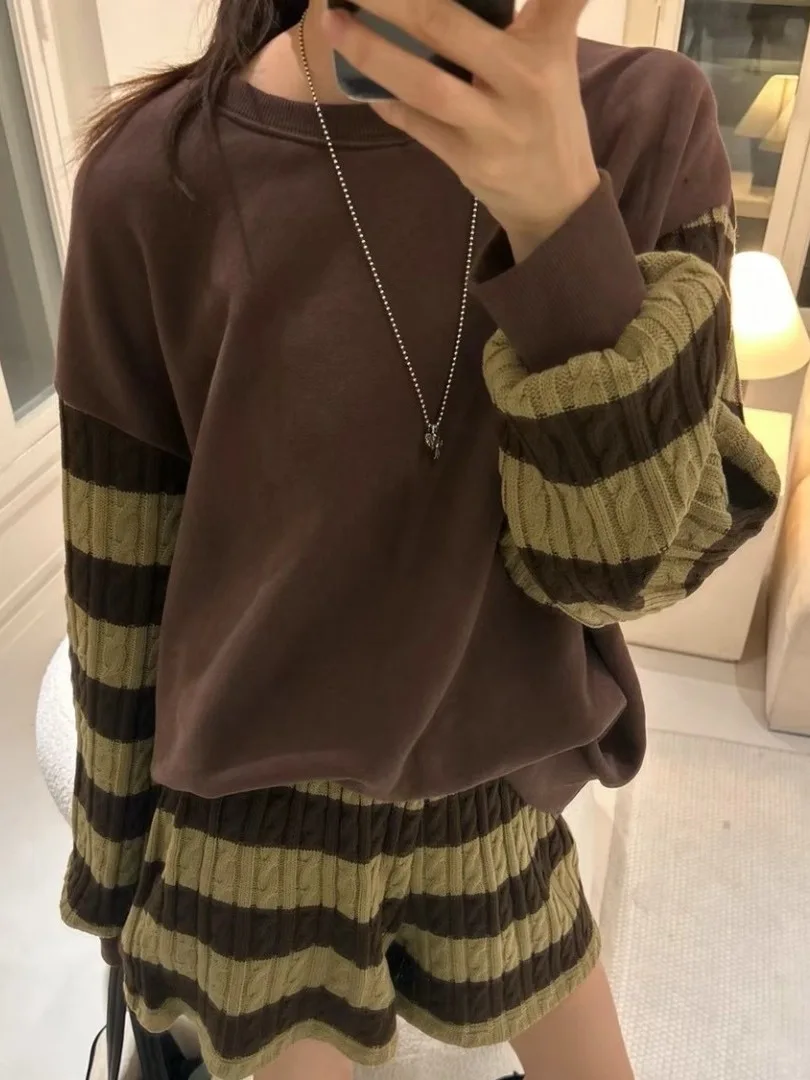 Conjunto de Moda Fena Estilo Casual de Primavera com Mole de Manga Longa t e orts de Cintura Alta