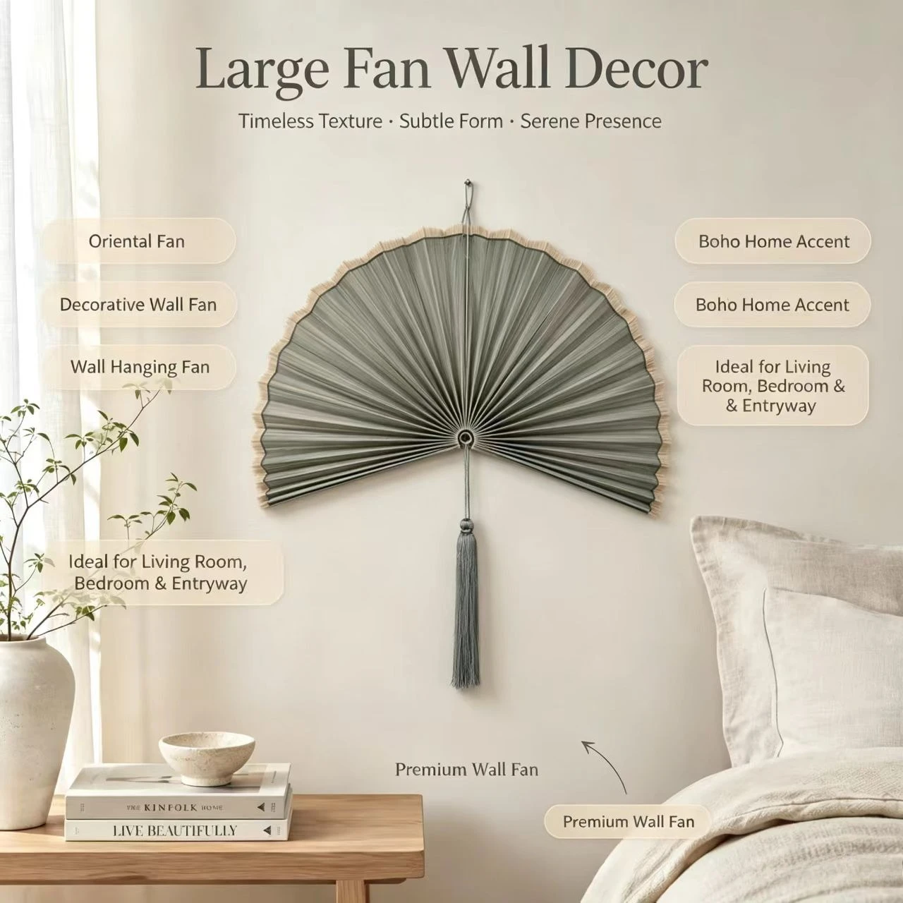 New Handmade Bamboo Wall Fan with Tassel, Gradient Purple Woven Hanging Fan Oriental Wall Decor for Wedding Homestay Tea House