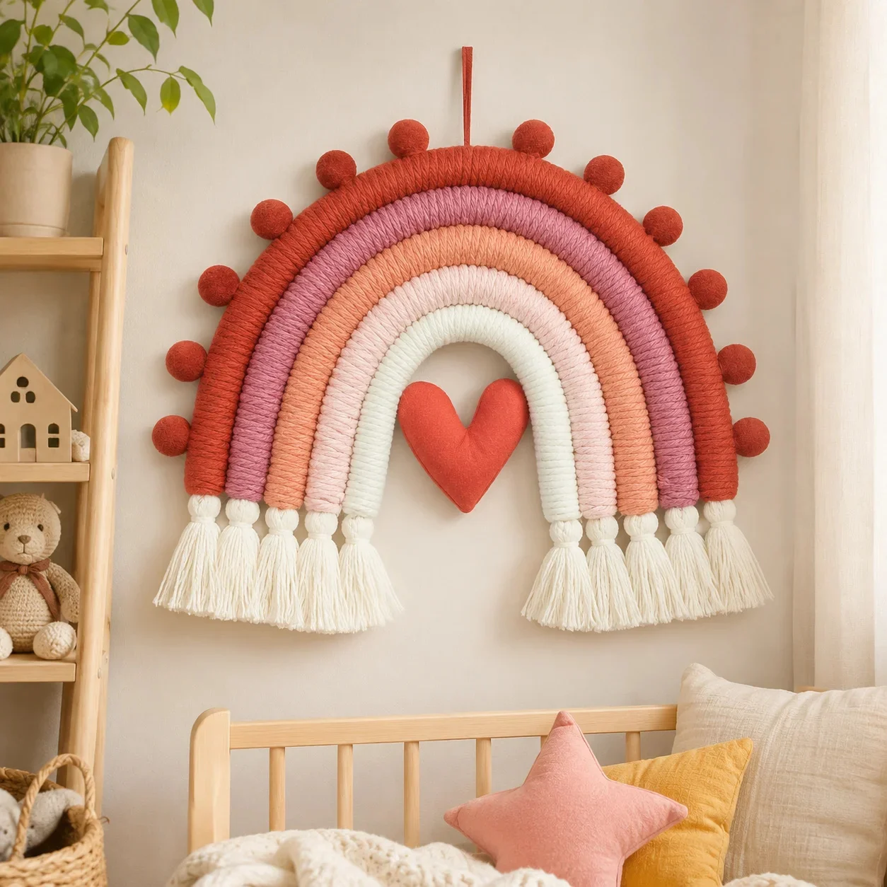 Boho Macrame Rainbow Wall Hanging With Pom‑poms Tassel Handmade Woven Wall Ornament Kids Nursery Bedroom Home Decor