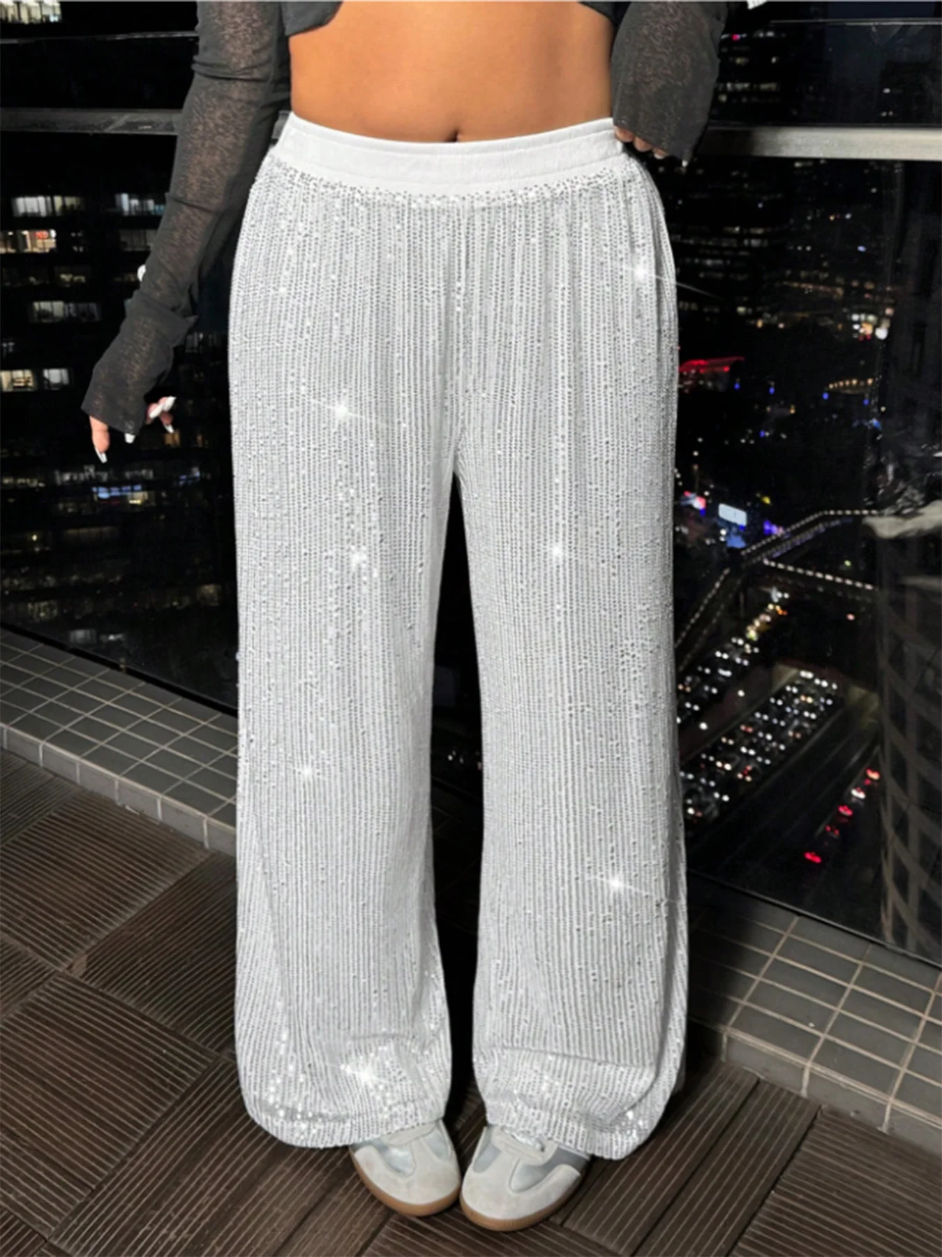 الربيع والخريف أنيقة جديدة حجم كبير المرأة موضة الترتر حفلة لامعة مستقيم السراويل مزاجه التنقل مرونة الخصر السراويل الطويلة غير رسمية