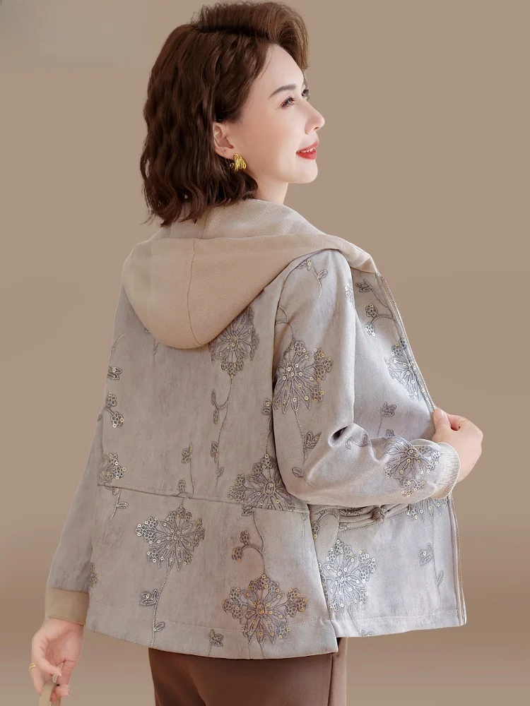 

Стильная повседневная куртка для женщин среднего возраста, осенняя модная модель из полиэстера с капюшоном на молнии, цельное женское пальто