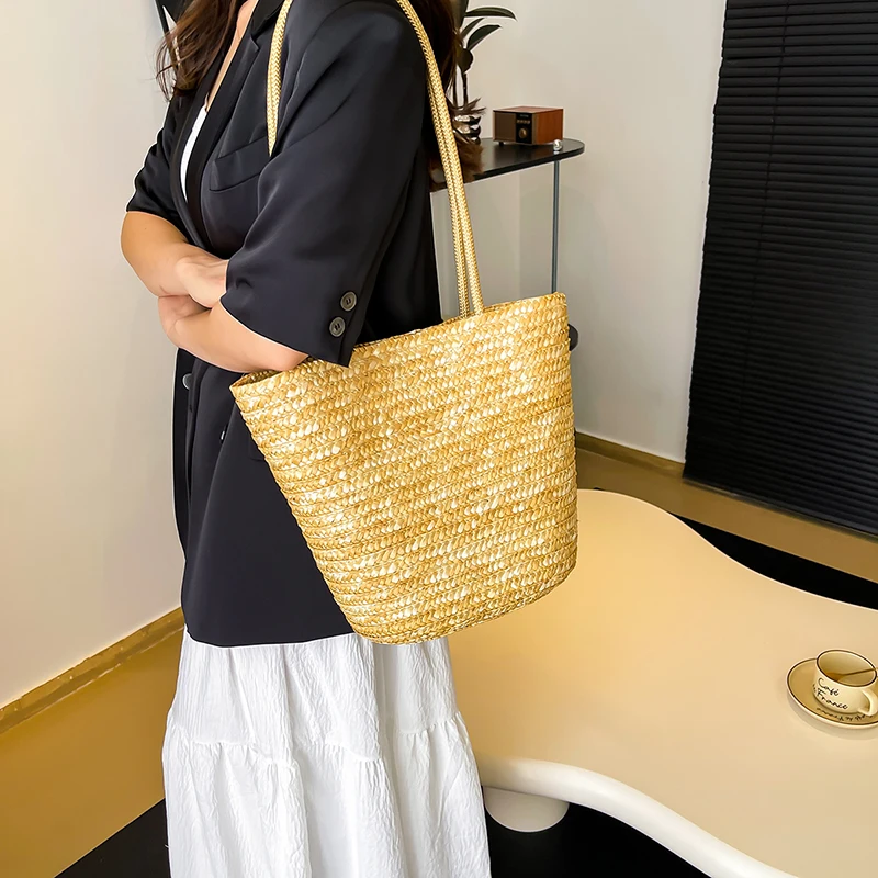 Elegant Ladies Straw Woven Handbag Women Holiday Beach Commute Casual Tote Top-Handle Bags Fashion Retro Shoulder Bags 2024