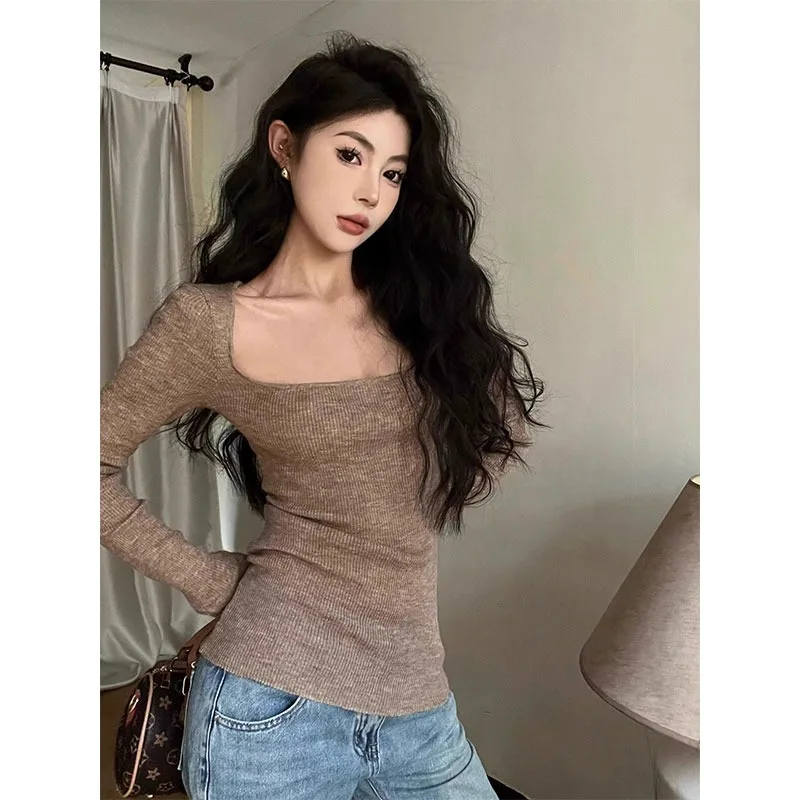 

Autumn New High Street Long-sleeved Knitwear Korean Fashion Solid Color Square Collar Blouse Sexy Youthful Women Slim Clothing