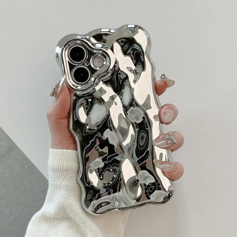 Ins Plating Metal Silver 3D Bubble Wave Edge Case For iPhone 17 Air 16 13 14 12 11 15 Plus Full Protection Glossy Back Cover