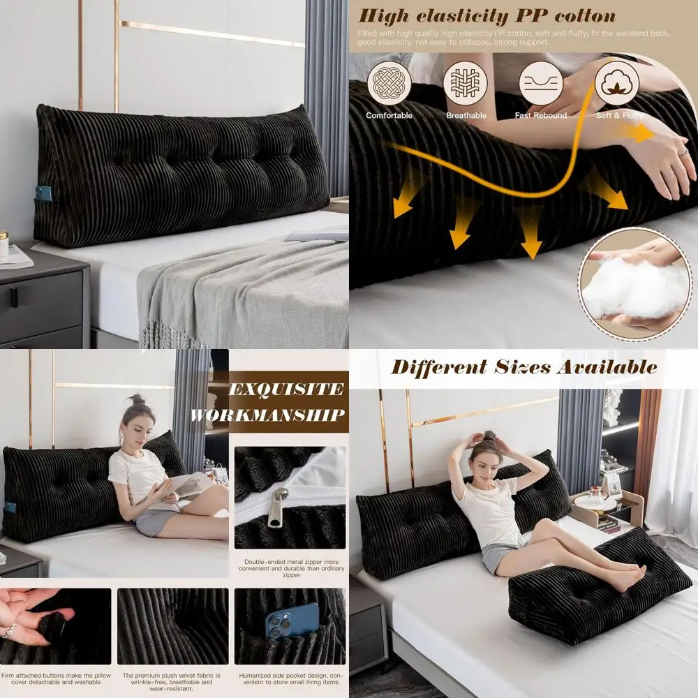 

Черная треугольная подушка размера «queen-size» для поддержки чтения в кровати со съемным чехлом, 59x8x20 дюймов