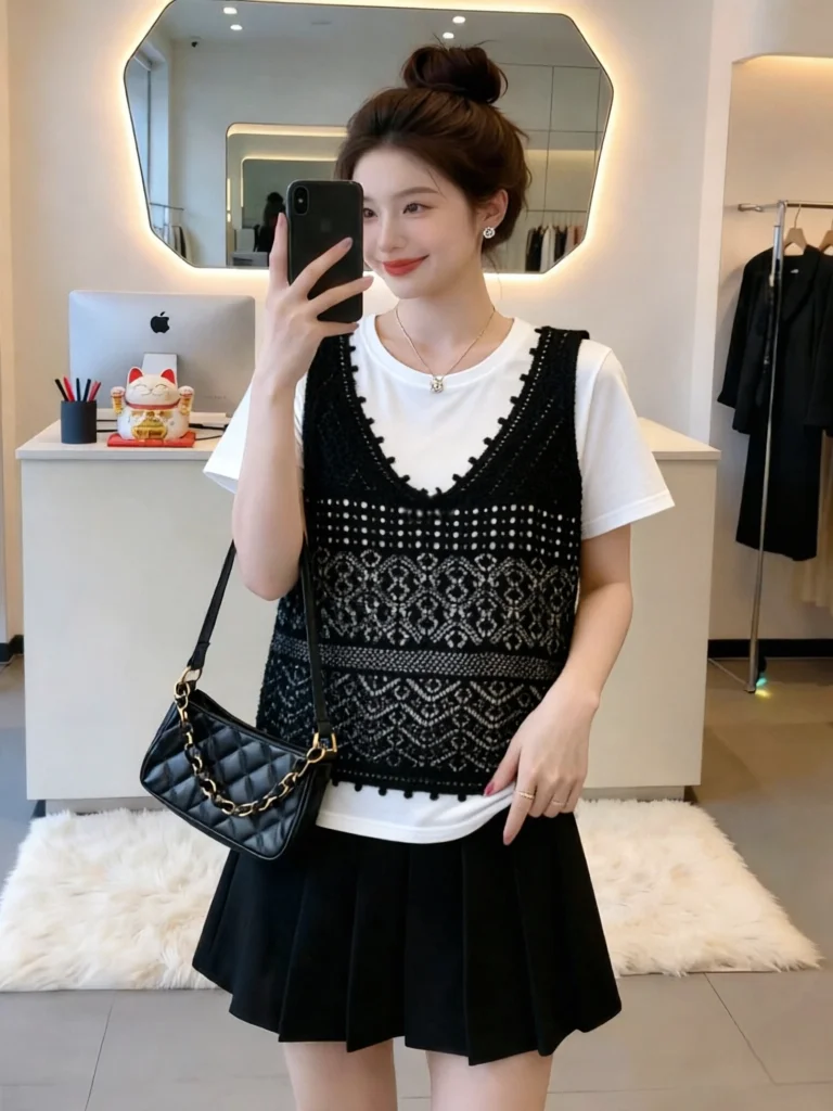 

Женский вязаный жилет больших размеров и футболка с коротким рукавом в корейском стиле, летний комплект 2026 года, дышащий, из двух предметов, для многослойных образов