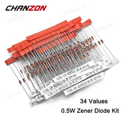 34 Values 0.5W Zener Diode Assorted Kit 2V 3V 3.3V 3.6V 5.1V 5.6V 7.5V 10V 12V 13V 15V 16V 18V 20V 22V 24V 30V 36V 39V 43V 47V