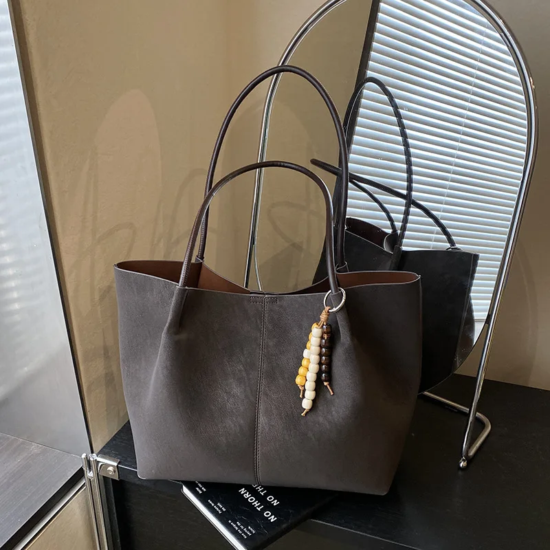 Vintage Faux Suede Tote Bag Large Capacity Shoulder Bag Striped  Fashion Women Office Commuter Handbag