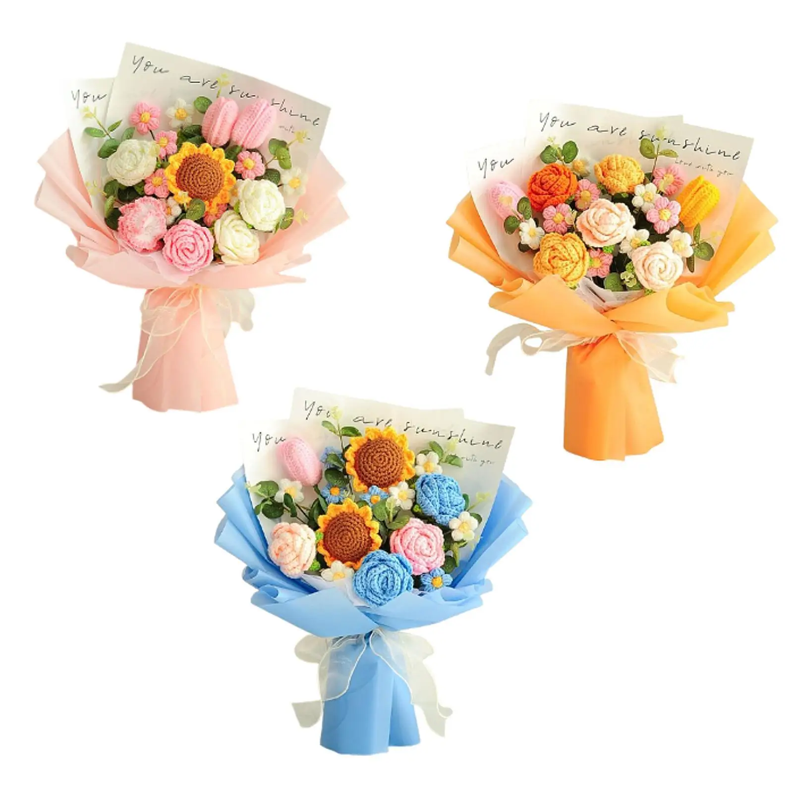 

Completed Crochet Flowers Bouquet Centerpiece Knitted Artificial Flower for Mother Day Wedding Festival Birthday New Year