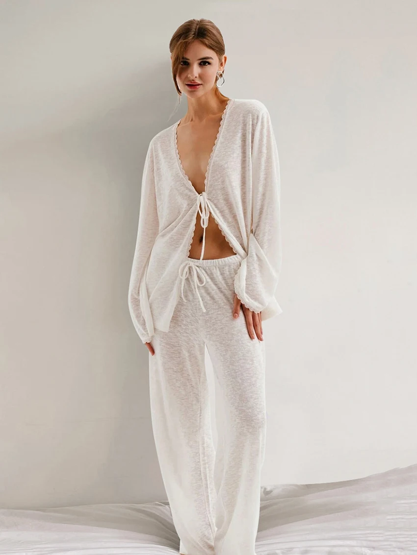 Marthaqiqi Winter Female Sleepwear Suit V-Neck Pajamas Long Sleeve Nightgowns Lace Up Nightwear Pants Causal Female Nightie Set