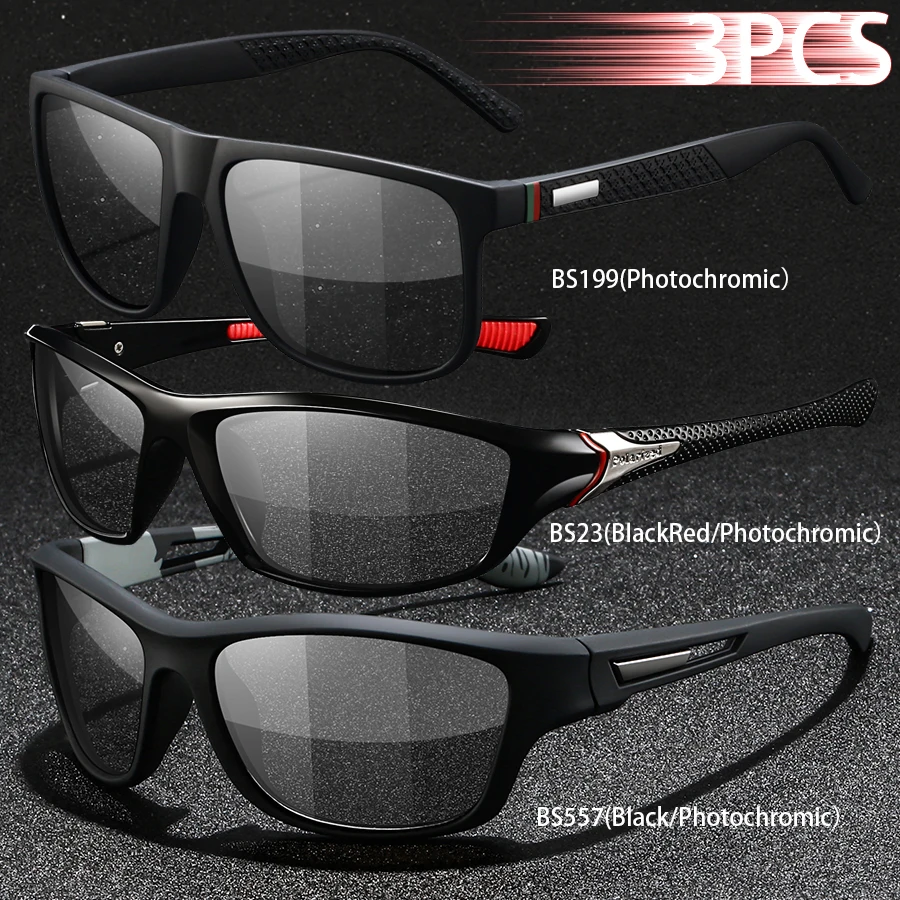 3PCS Photochromic Polarized Sports Vintage Sunglasses Men Women Cycling Driving Mountaineering Chameleon Sun Glasses UV400Eyewer