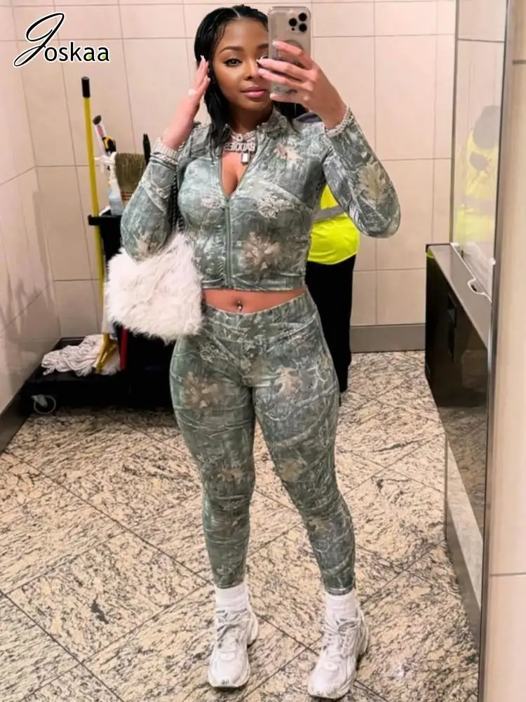 

Joskaa 2025 Women's Twig Print 2 Piece Set Casual Full Sleeve Zip Up Crop Top+High Waist Pants Matching Tracksuit Y2K Streetwear