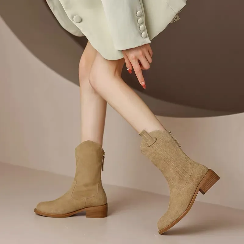 Bottes western mi-mollet en daim pour femme, talon bas épais, chaud, peluche, grande taille 42, rétro, Parker rond, hiver