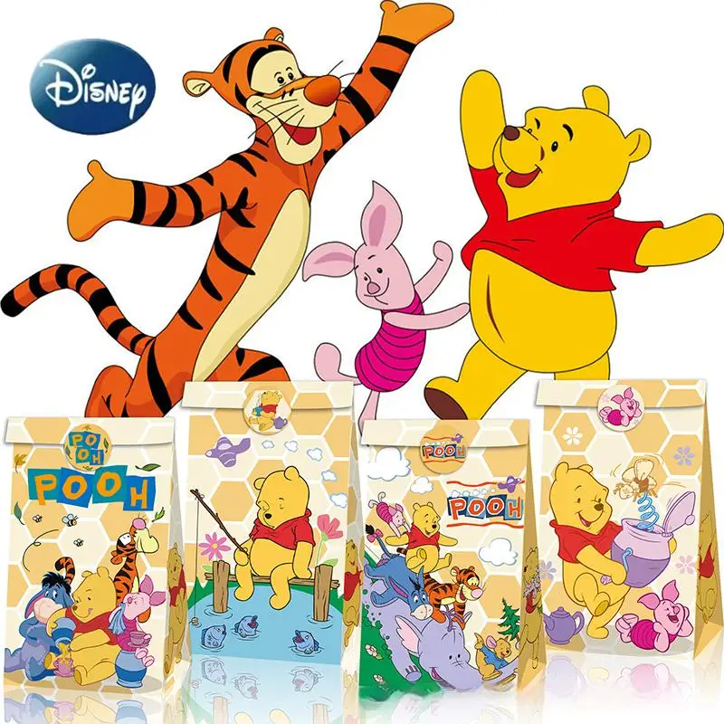 

12pc New Disney Paper Bags Winnie the Pooh Cartoon Kraft Paper Bag Festival Birthday Gift Bag Handmade Snack Bags