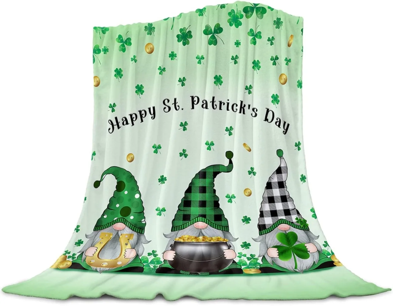 St. Patrick's Day Blanket Spring Holiday Decorations Clover Green Leaf Gold Coin Lightweight Soft Blanket for Couch Bed Sofa