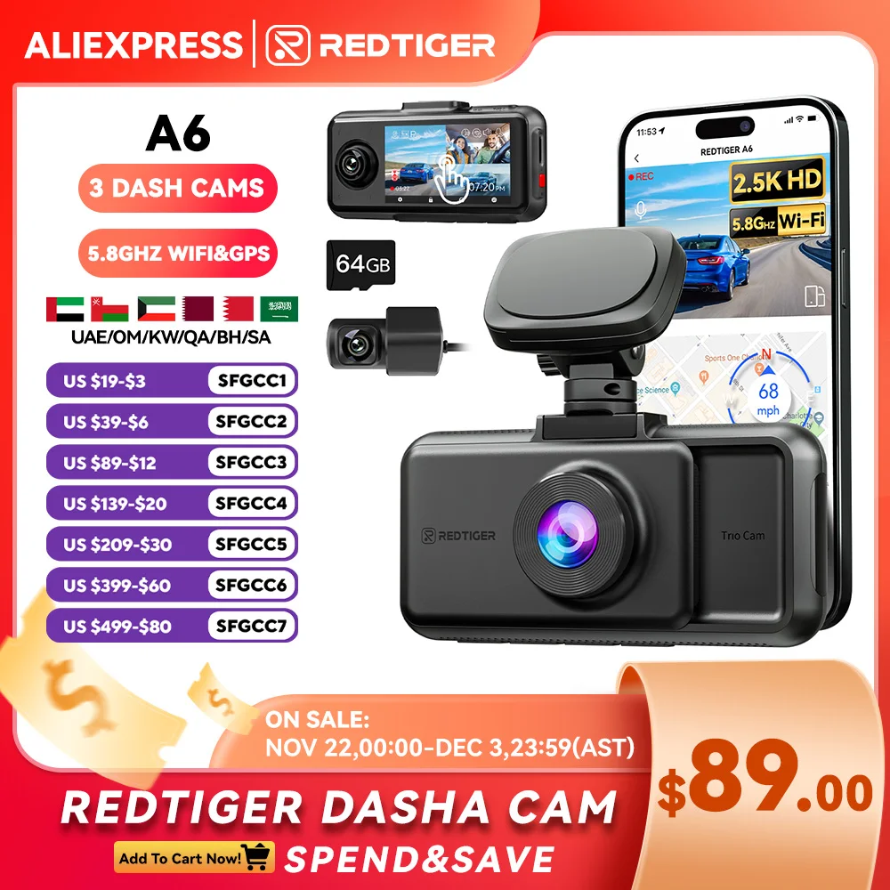 REDTIGER A6  4K Dash Cam Built-in 5.8Ghz WiFi GPS Car DVR Upgrade Night Vision Parking Monitor 3 Cameras Front/Cabin/Rear Cam