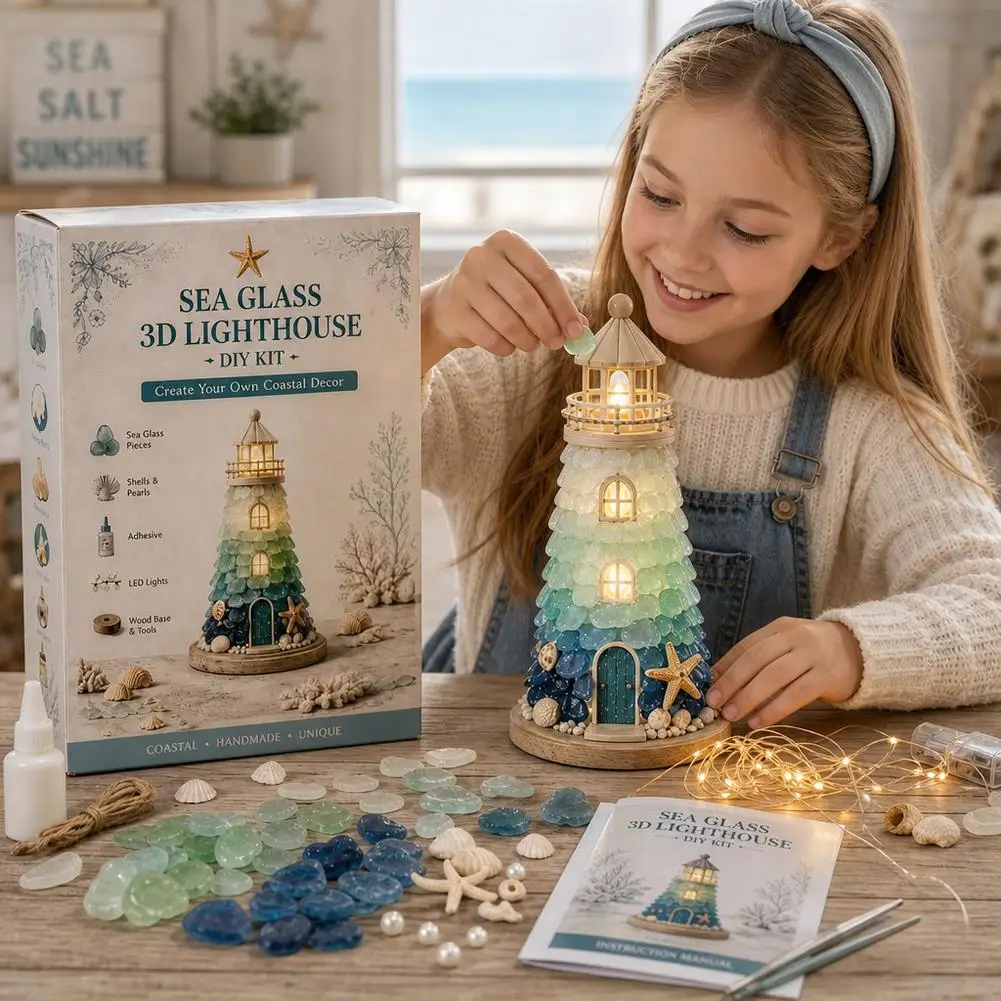 DIY Sea Glass Lighthouse Kit Beginner-Friendly Lighted Decor Handmade Home Ornament Christmas Gift