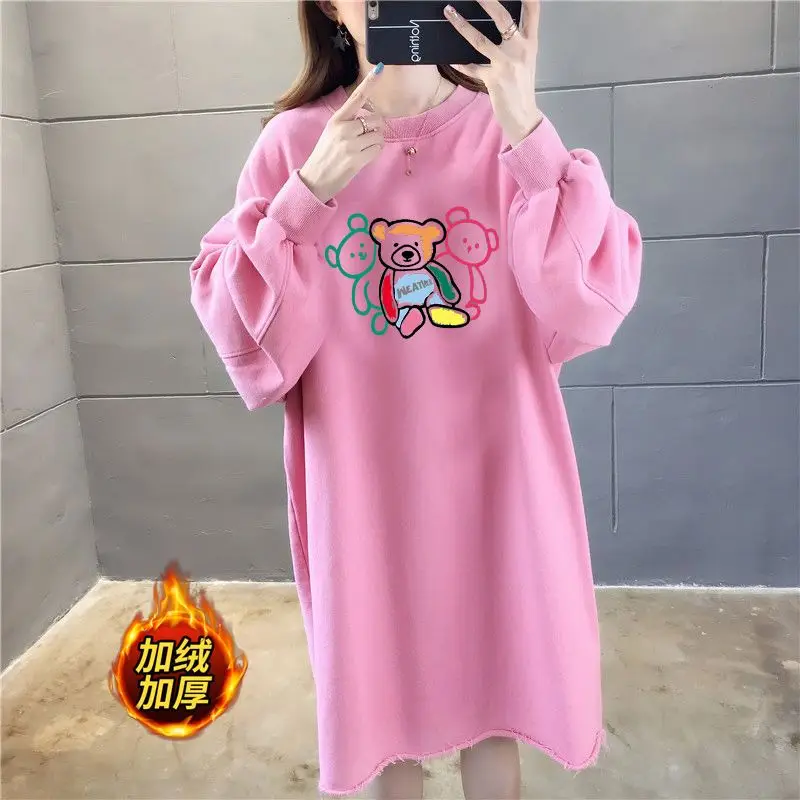 Female Casual Korean Printing O-neck Long Sleeve Midi Dress Autumn Simplicity Loose Pullover Tshirt Dress Thick Women Clothing