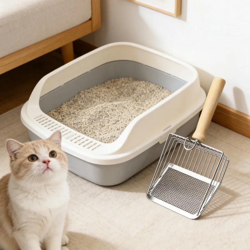 Pá para Areia de Gato em Aço Inoxidável com Cabo de Madeira, Fácil de Limpar, Lavável, Ferramenta de Limpeza para Sanitário de Gatos