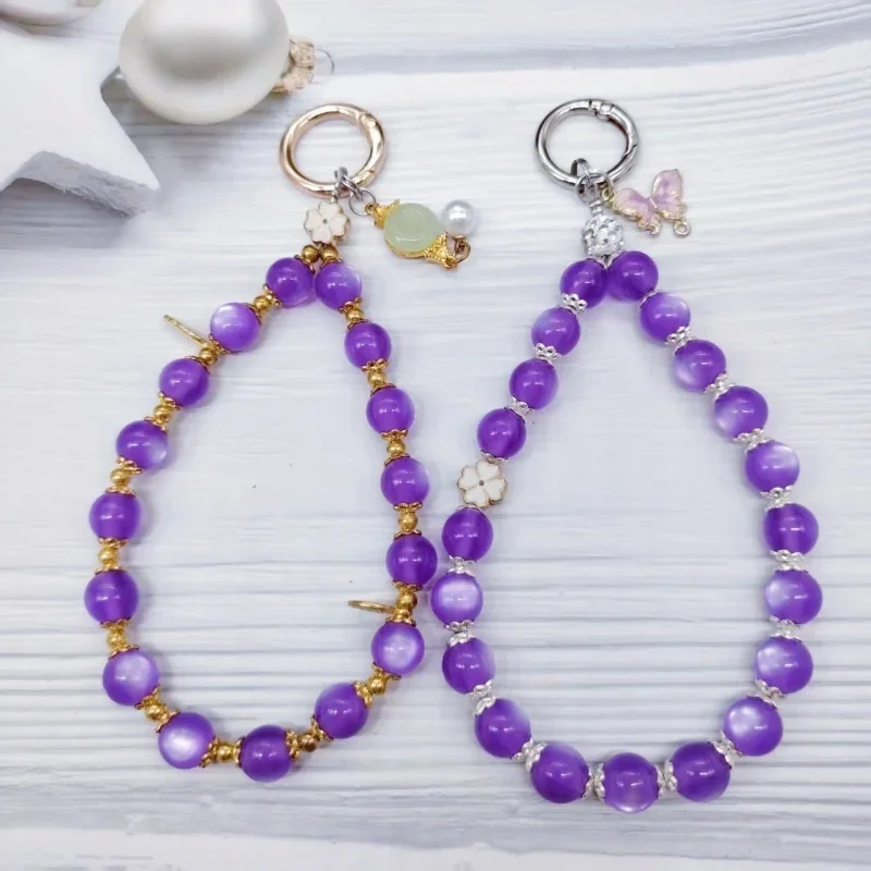 Retro hohe Luxus Cat Eye lila Handykette kurze Telefon hängen Seil handgemachte Perle Sicherheit hängende Dekoration