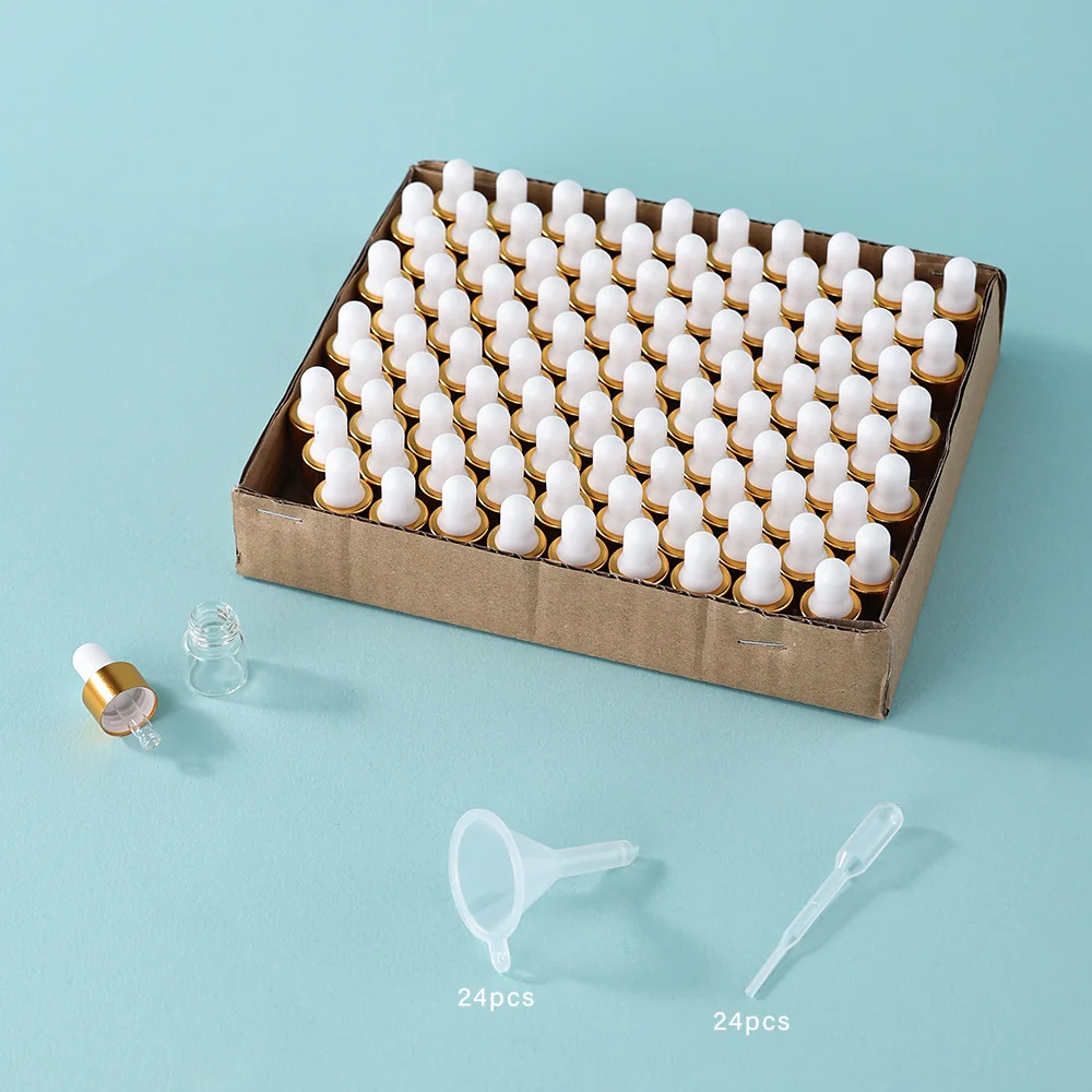 100 peças 1ml tampa dourada frascos conta-gotas vazios de vidro conjunto com 24 pipetas 24 funis-garrafas recarregáveis à prova de vazamento para cosméticos de essência