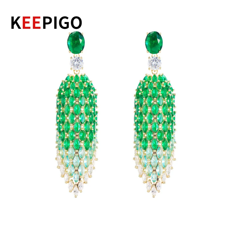 

KEEPIGO New Luxury Green AAA Zircon Long Tassel Earring for Women Bridal Drop Dangling Earrings Party Wedding Jewelry Gift RA258