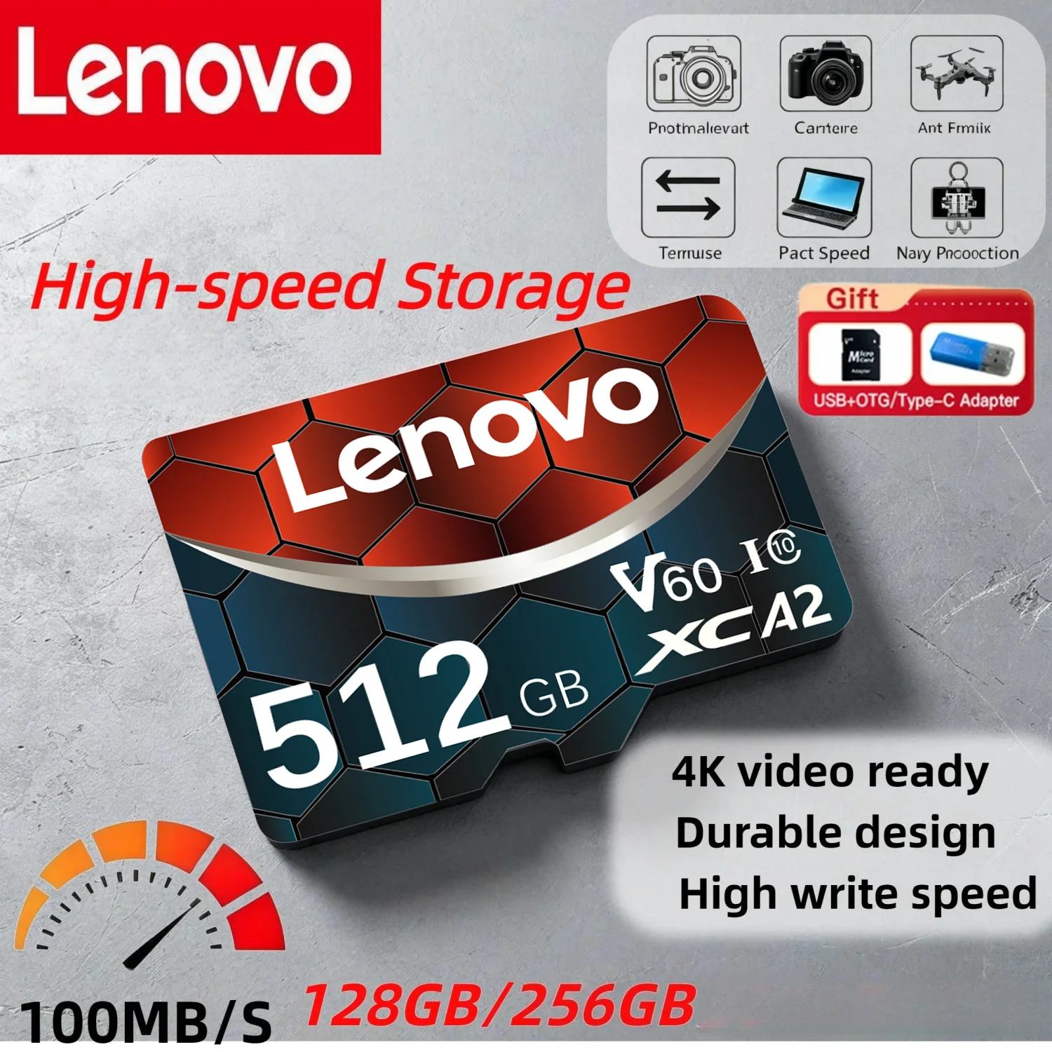 Lenovo Memory Card V30 High-Speed Micro TF SD Card 128GB 256GB 512GB Bundle For Smartphone Cross-Device Use Camera Accessories