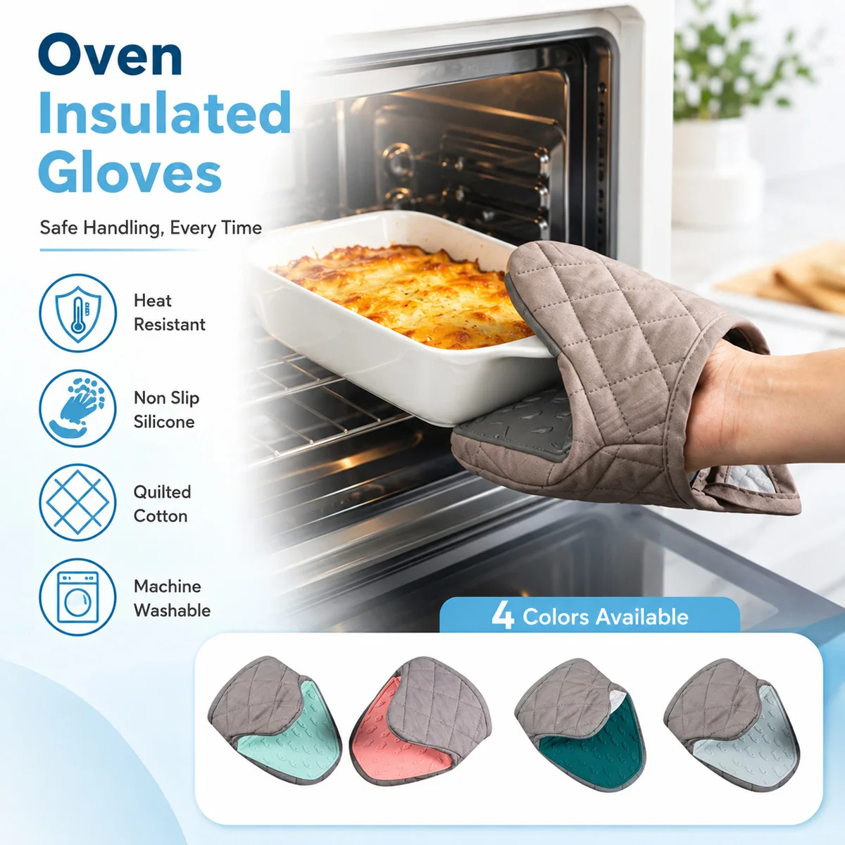 Oven Insulated Gloves Heat Resistant Silicone Oven Mitts Non Slip Quilted Cotton Pot Holders For Baking Cooking Kitchen Grill