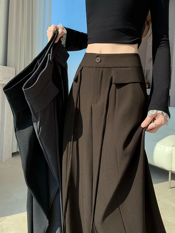 

Женские широкие брюки в стиле ретро, кофейного цвета, с высокой талией, прямые, повседневные, в корейском стиле, однотонные, для офиса