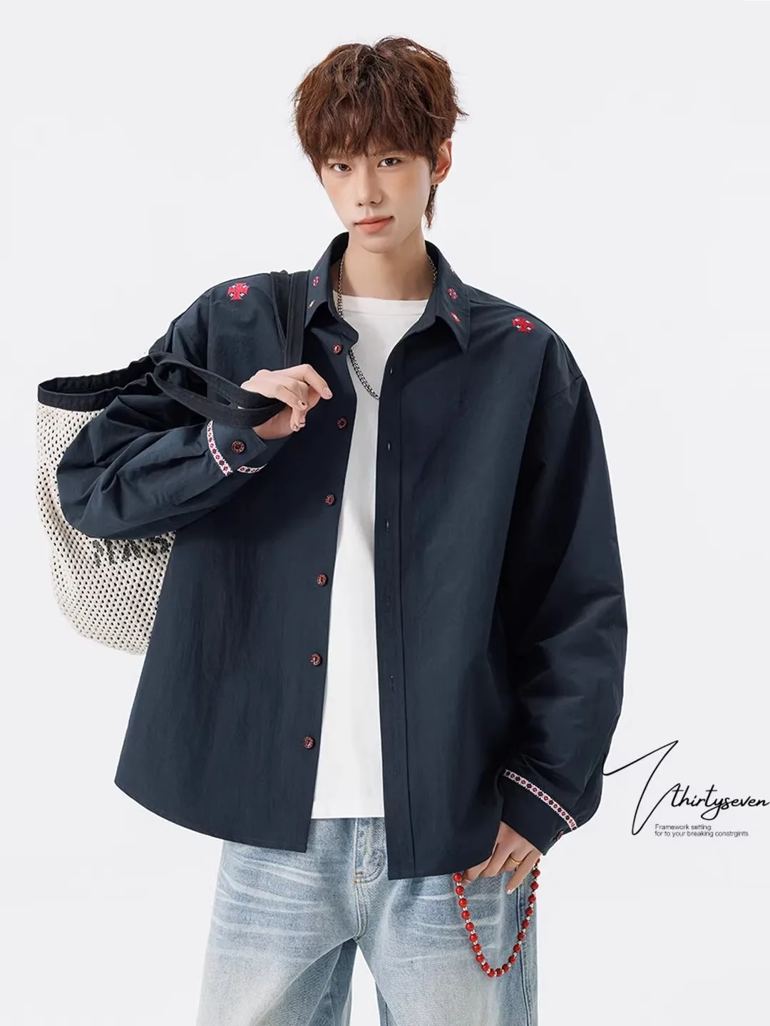 

Loose Casual Embroidered Long Sleeve Shirt Men's Spring Autumn Outdoor Wear Breathable Polyester Fiber Comfortable Fit Button up