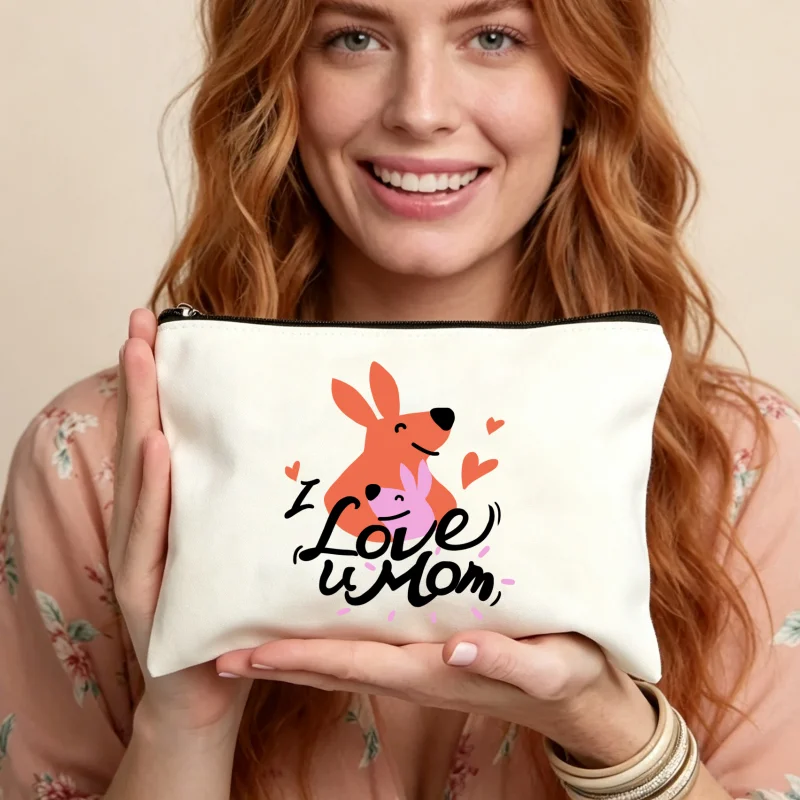 Custom Kangaroo Makeup Case Print Canvas Make Up Bag Mother's Day Gift Zipper Cosmetic Pouch Portable Toiletry Storage Purse