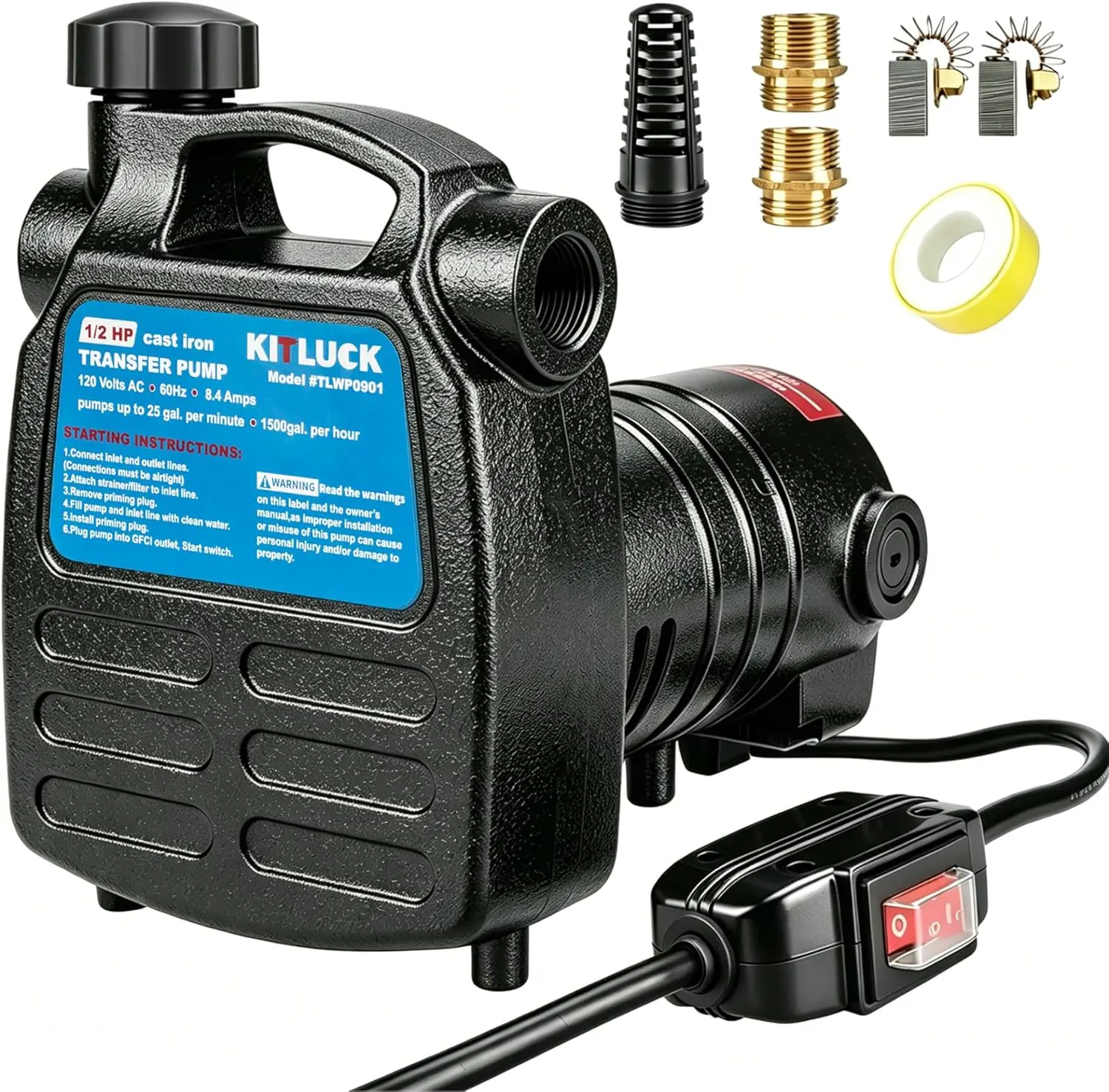 Portable Electric Water Pump 1/2 HP 1500GPH Cast Iron Utility Pump with ON/OFF Switch, Suction Strainer & Brass Connectors