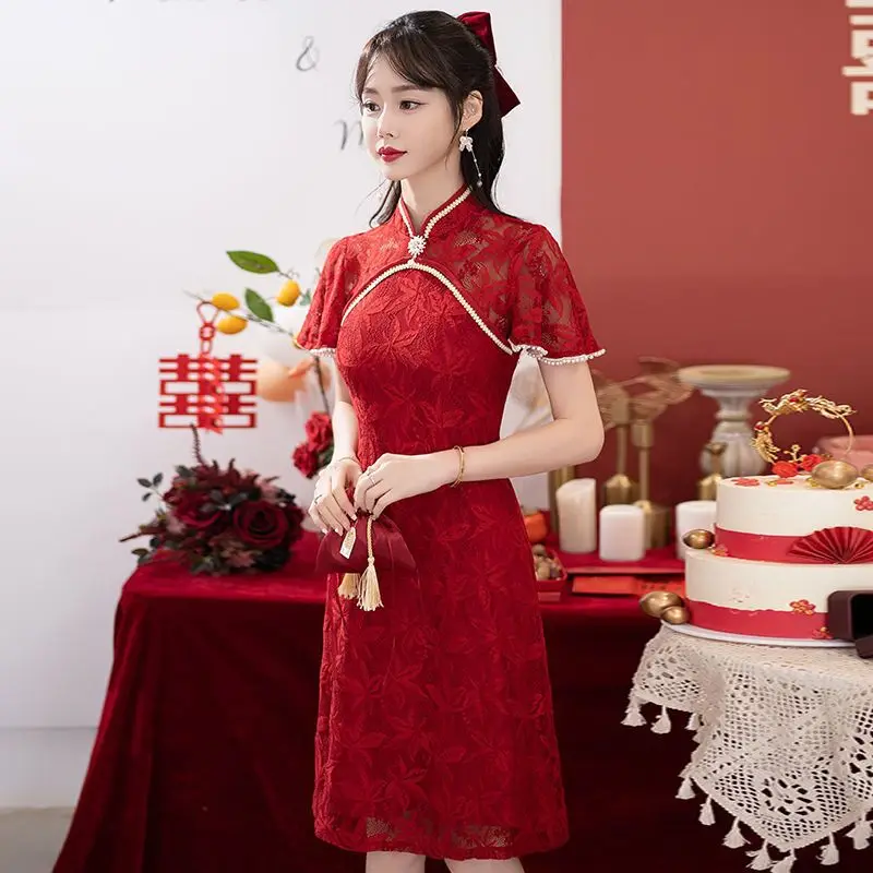 Bridal Wedding Banquet Cheongsam Chinese Traditional Red Qipao Short Sleeve Lace Dress for Women Clothing