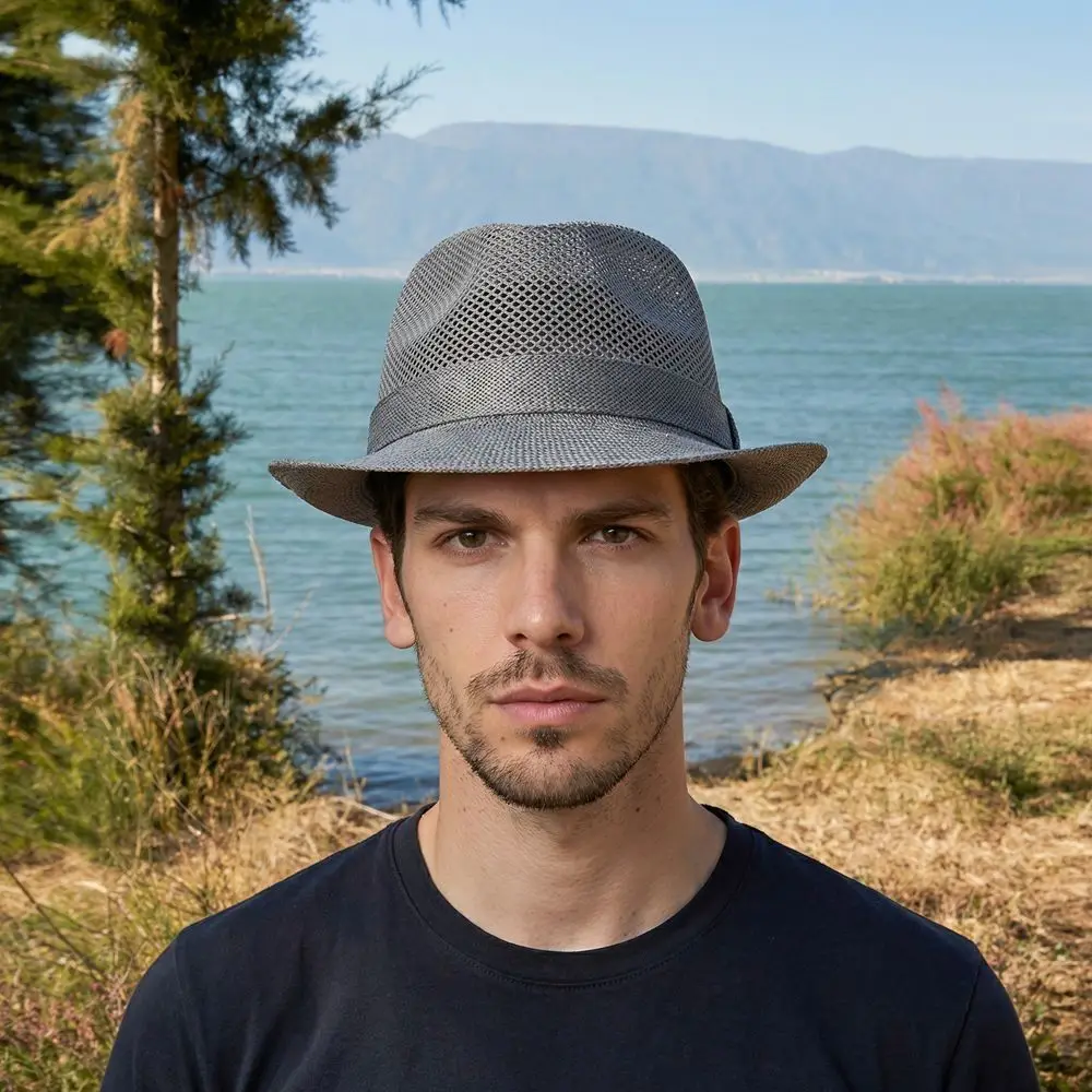 

Fashion Breathable Mesh Top Hat Lightweight Rolled Brim Hollow Sun Hat Solid Color Sun Protection Beach Jazz Cap Casual Wear